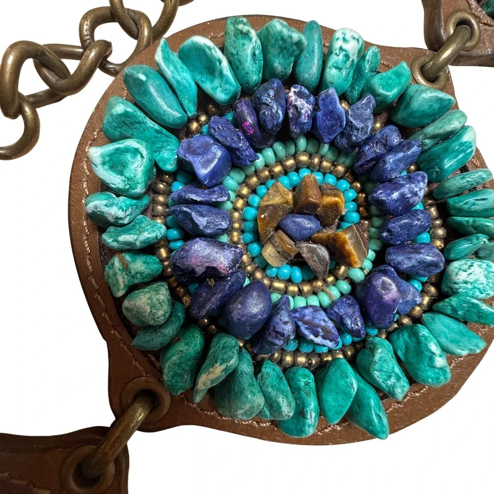 Chico's Stone Medallion Chain Belt Turquoise Purple Boho Western Statement - Picture 9 of 15